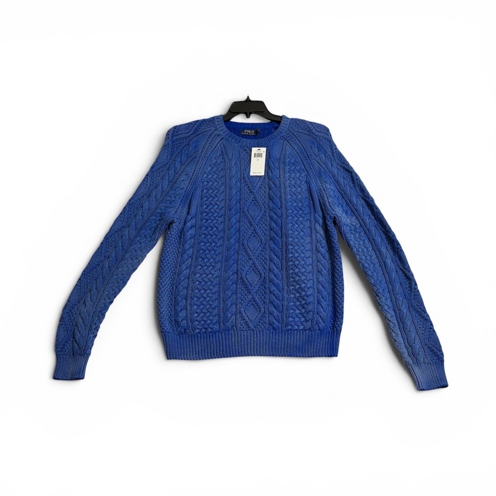 NWT Polo Ralph Lauren Cable Knit Sweater Large Blue Mens Cotton Crew Neck *READ*